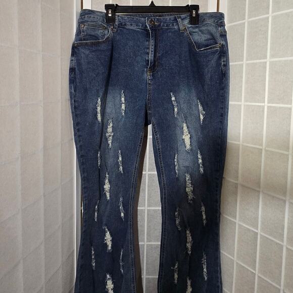 Ashley Stewart Distressed High Waist Frayed Flared Jeans Stretch Plus Size: 18 - Picture 7 of 10